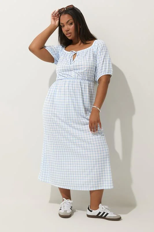 Limited Collection LIMITED COLLECTION Curve Blue Gingham Tie Neck Midi Dress