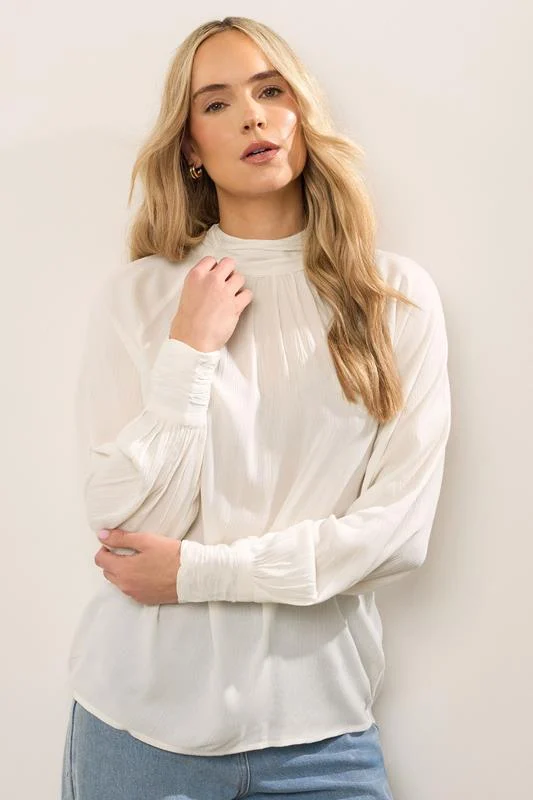 LTS LTS Tall Ivory White High Neck Crinkle Top