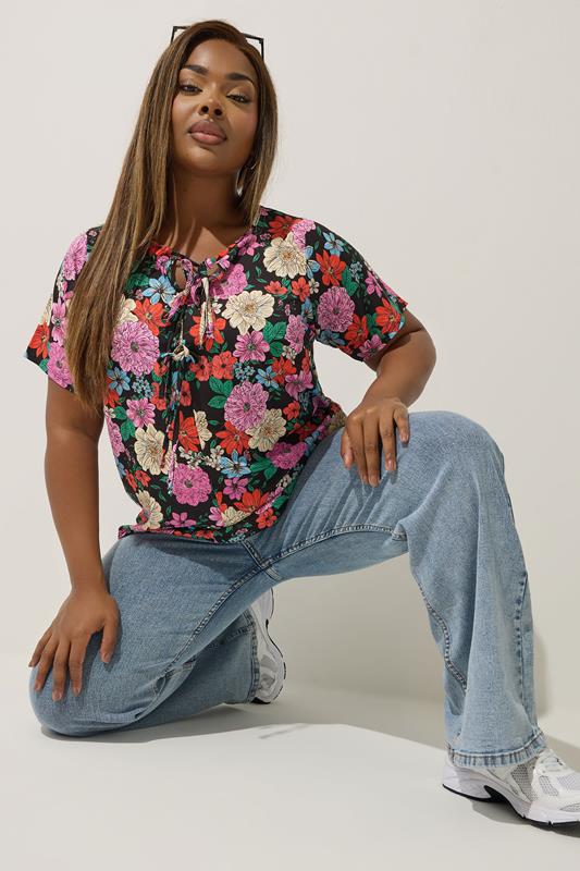 Limited Collection LIMITED COLLECTION Curve Black Floral Bow Tie Front Blouse