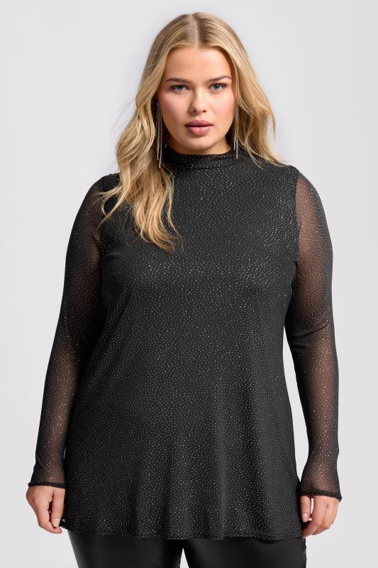 Yours London YOURS LONDON Curve Black Glitter Long Sleeve Mesh Top