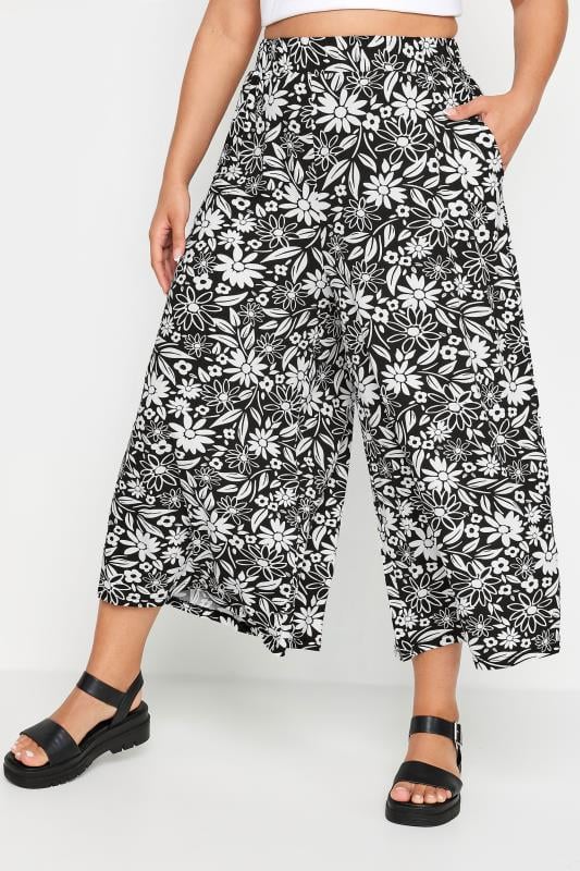 Yours YOURS Curve Black & White Floral Print Midaxi Culottes