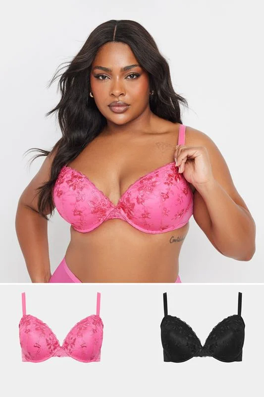 Yours YOURS 2 PACK Curve Black & Pink Floral Lace Embroidered Padded Bras
