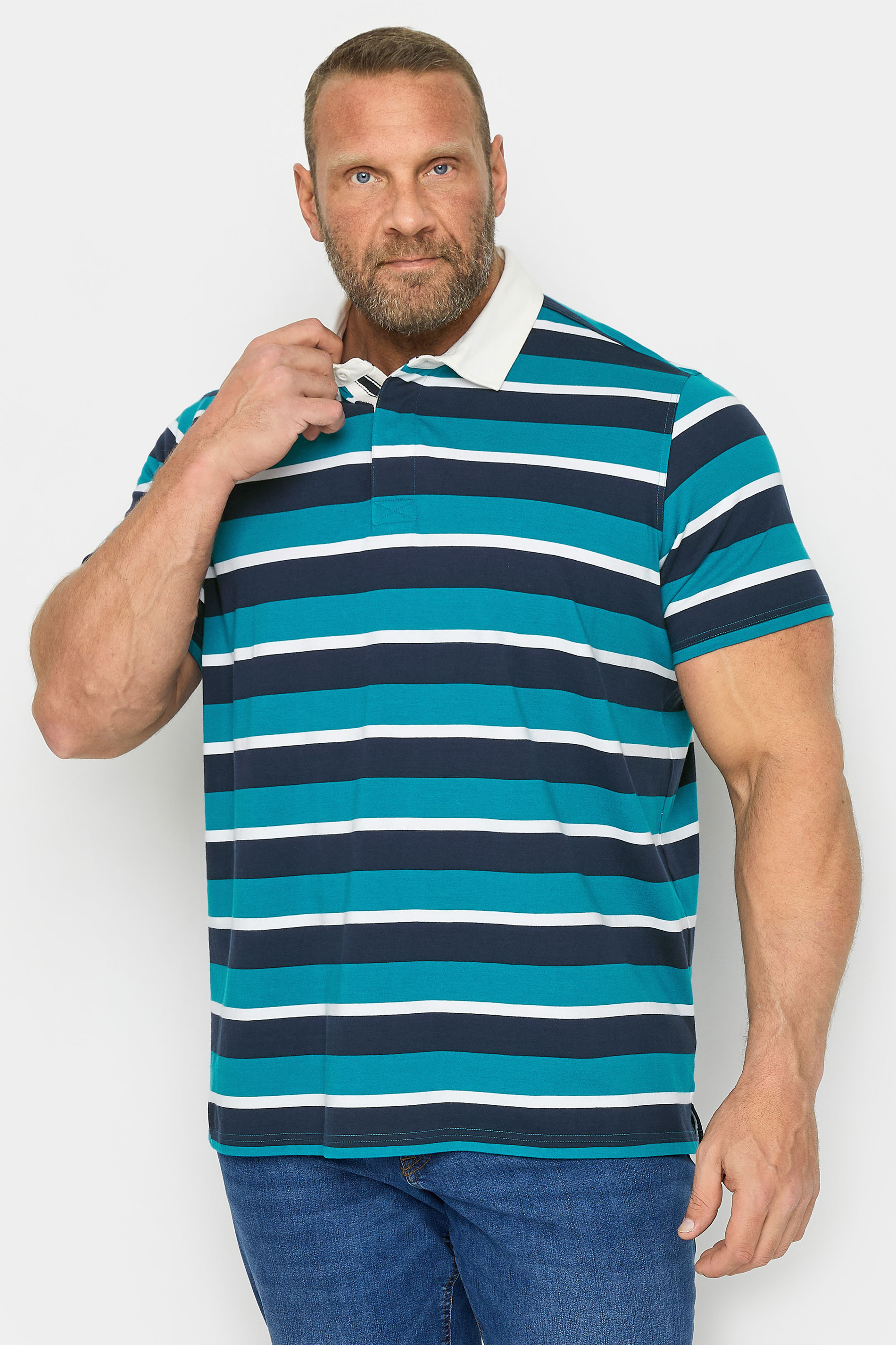 BadRhino BadRhino Big & Tall Teal Blue Stripe Rugby Polo Shirt