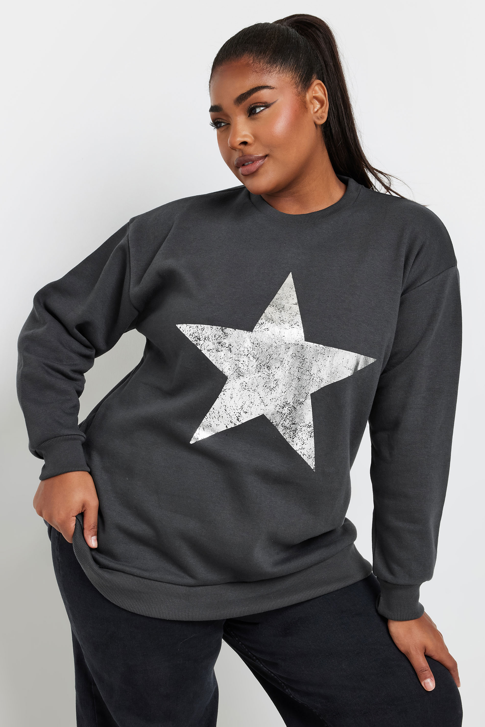 Yours YOURS Curve Grey Foil Star Sweatshirt