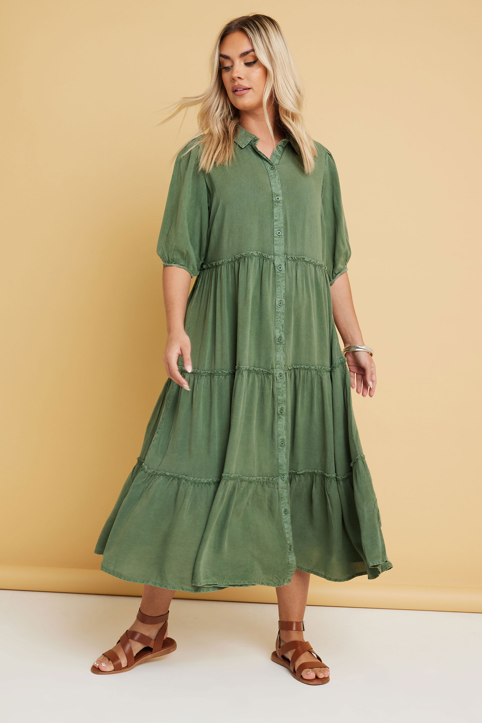 Yours YOURS Curve Green Short Sleeve Tiered Chambray Midi Dress