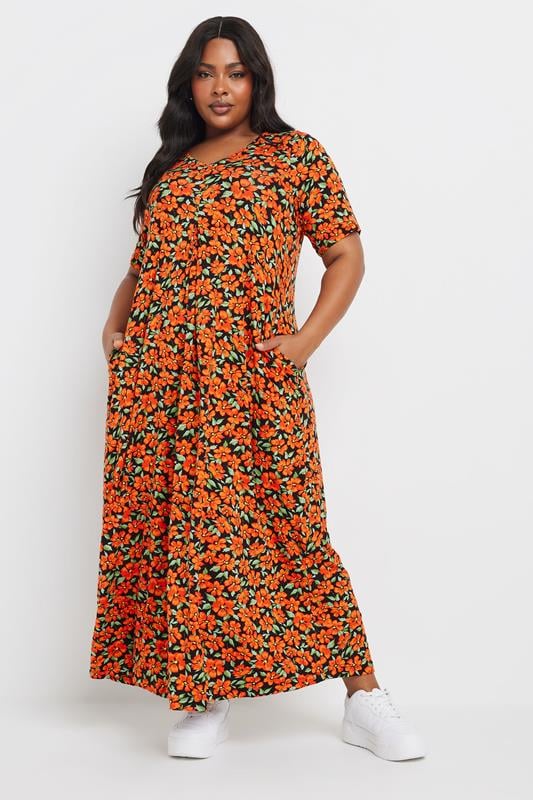 Yours YOURS Curve Orange Floral Print Pleated Front Maxi Dress