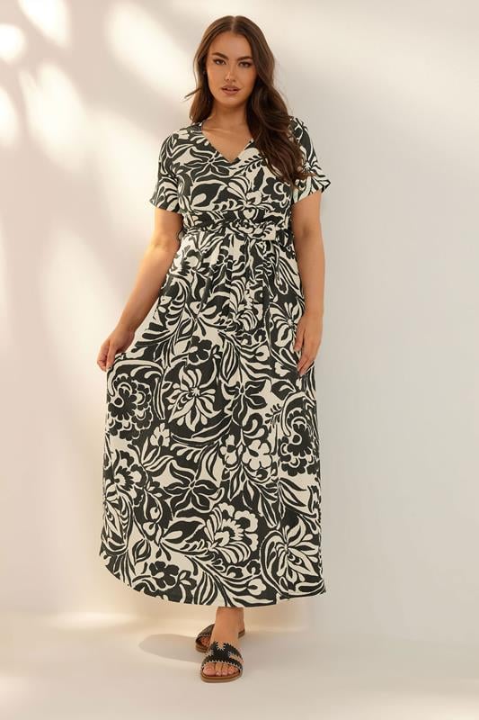 Yours YOURS Curve Black & White Floral Wrap Maxi Dress