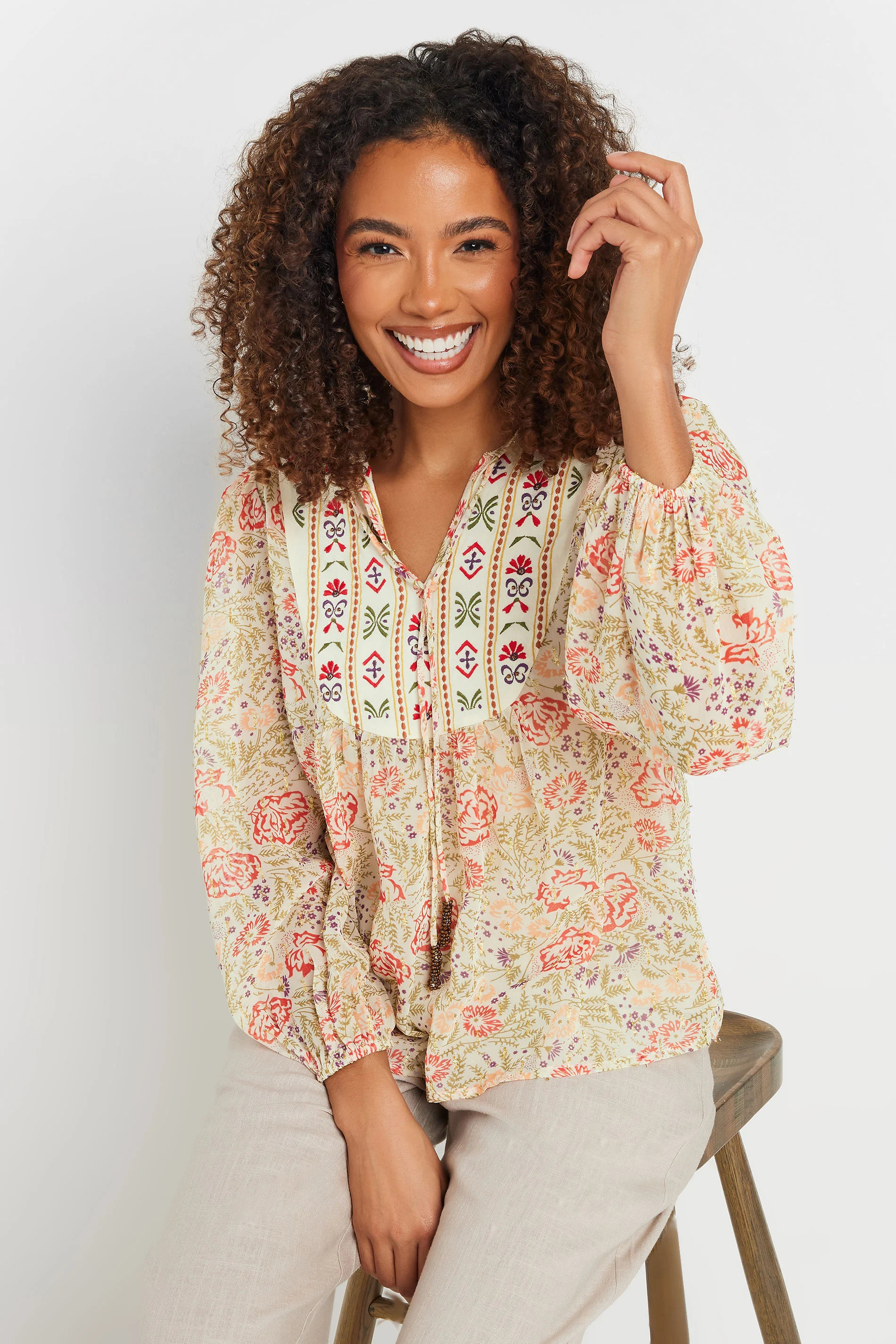 M&Co Womens M&Co Pink Floral Embroidered Tie Neck Blouse