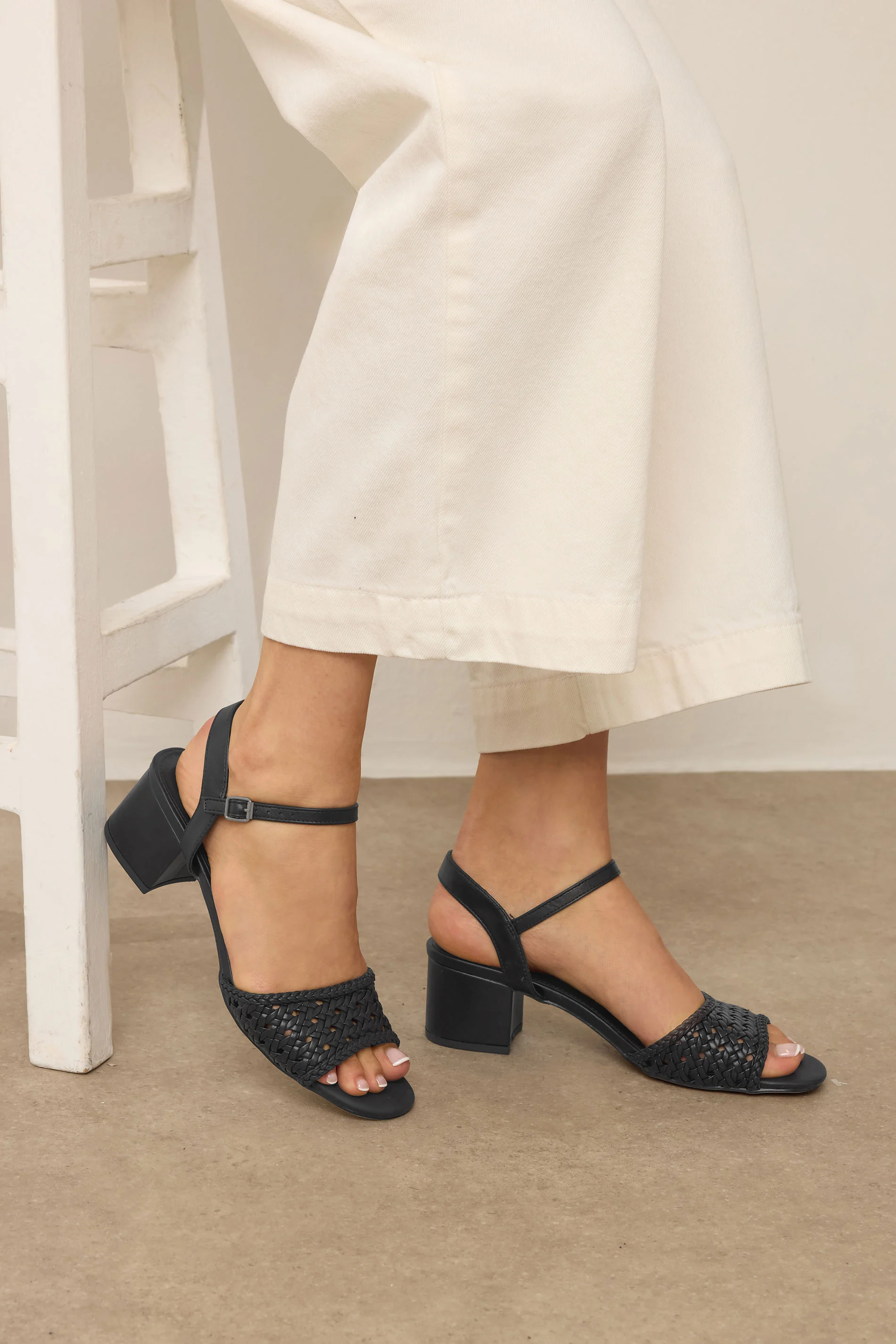 LTS LTS Black Woven Strap Open Toe Block Heel In Standard Fit