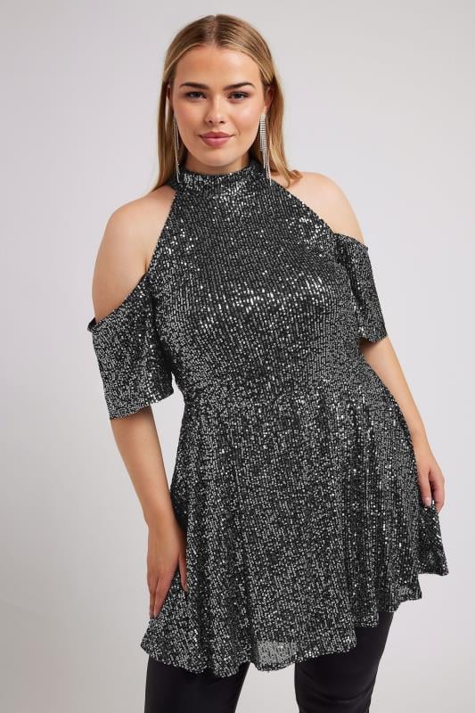 Yours London YOURS LONDON Curve Silver Sequin Cold Shoulder Peplum Top