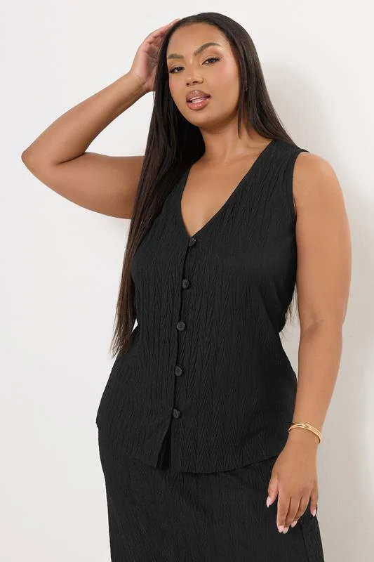 Yours YOURS Curve Black Crinkle Plisse Waistcoat