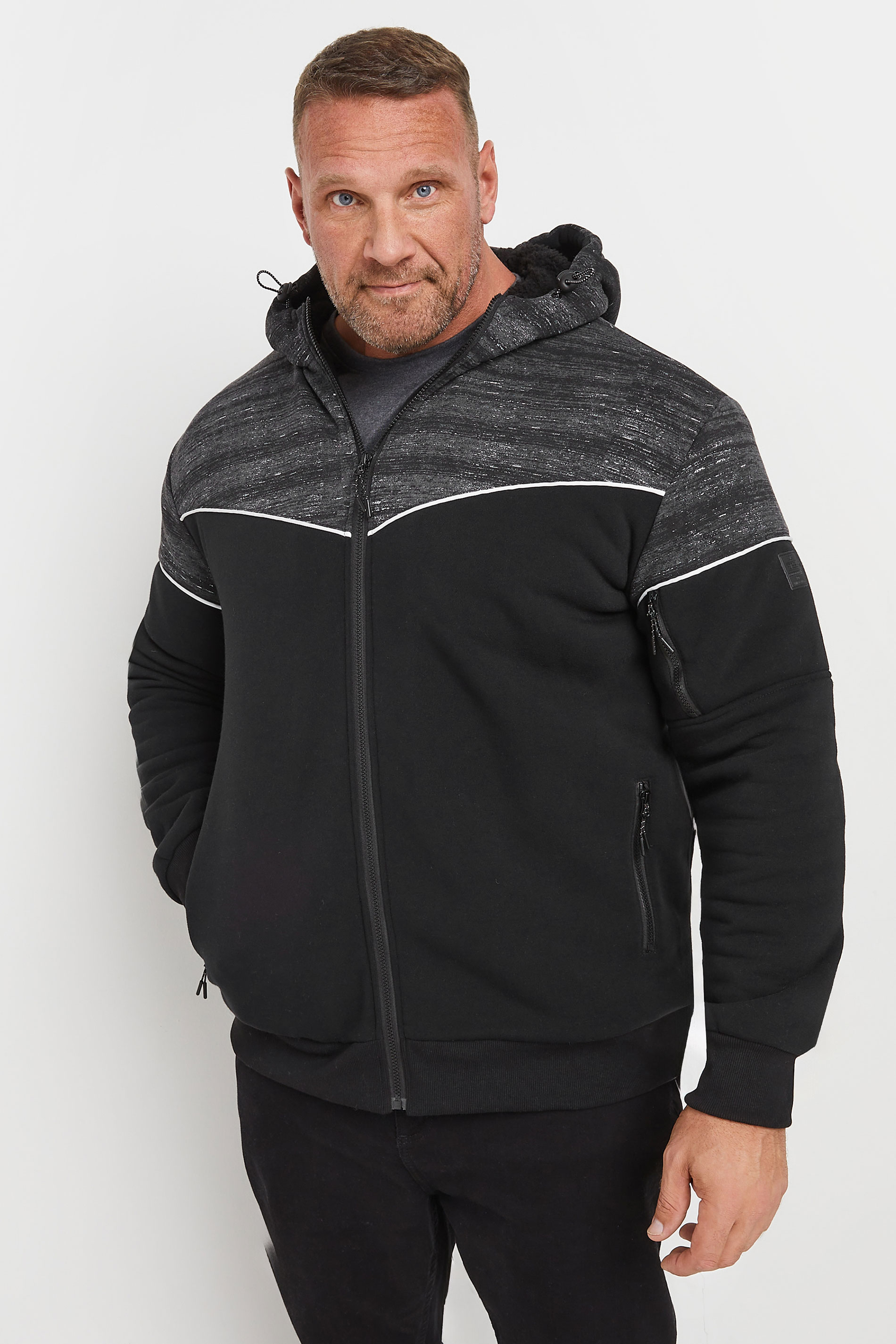 D555 D555 Big & Tall Black & Grey Zip Through Sherpa Lined Hoodie