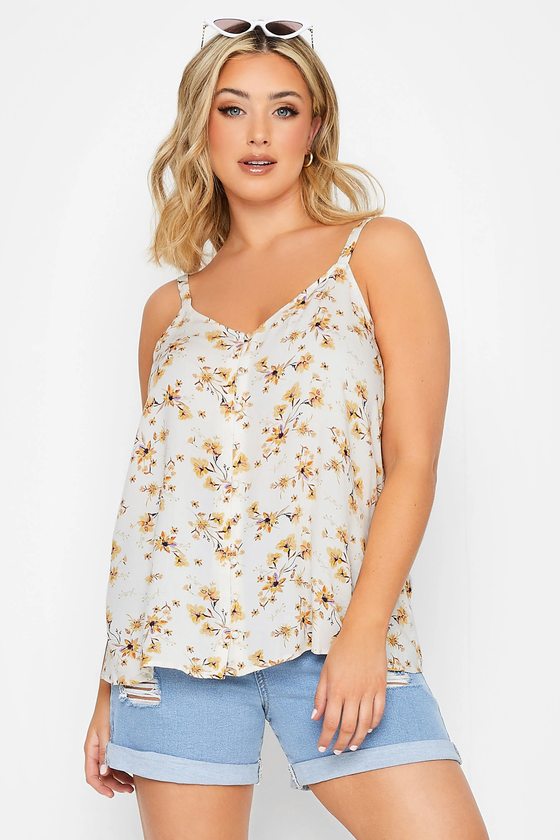 Yours YOURS Curve White Floral Button Cami Vest Top ONLINE SPECIAL OFFER