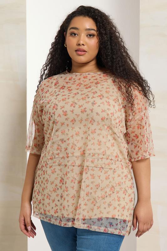Yours YOURS Curve Natural Brown Ditsy Floral Oversized Mesh Top