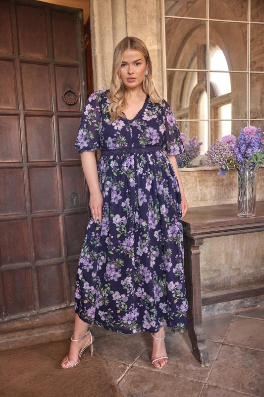Yours London YOURS LONDON Curve Navy Blue Floral Crochet Lace V-Neck Midaxi Dress