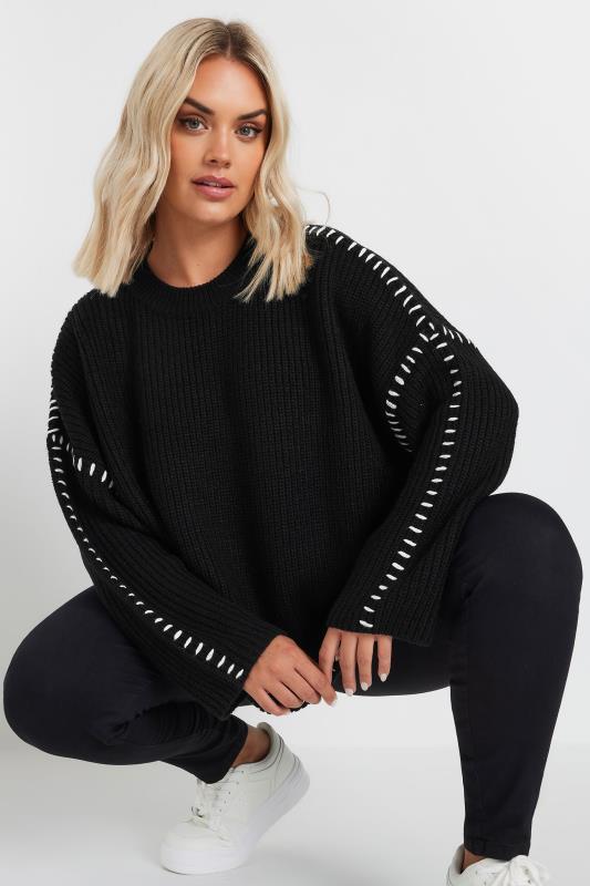 Yours YOURS Curve Black Contrast Blanket Stitch Jumper