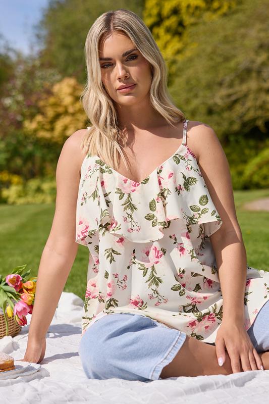 Yours YOURS Curve White Floral Frill Cami Vest Top