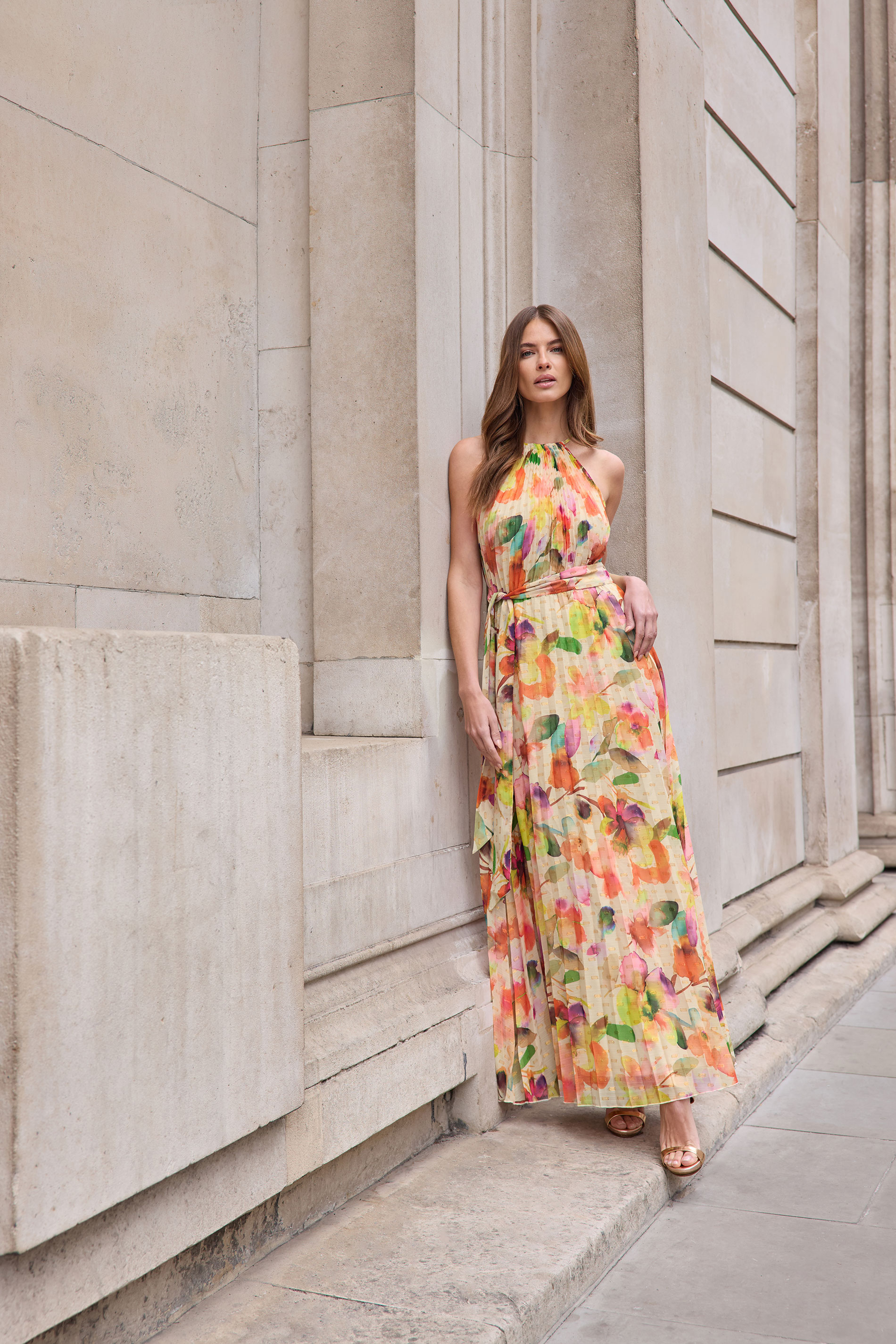 Star by Julien Macdonald STAR Orange Abstract Pleated Halter Neck Maxi Dress