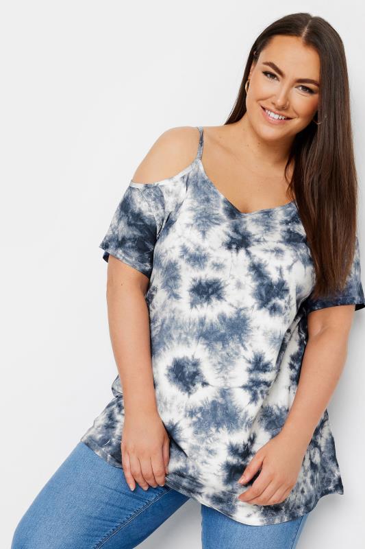 Yours YOURS Curve Blue Tie Dye Cold Shoulder Top