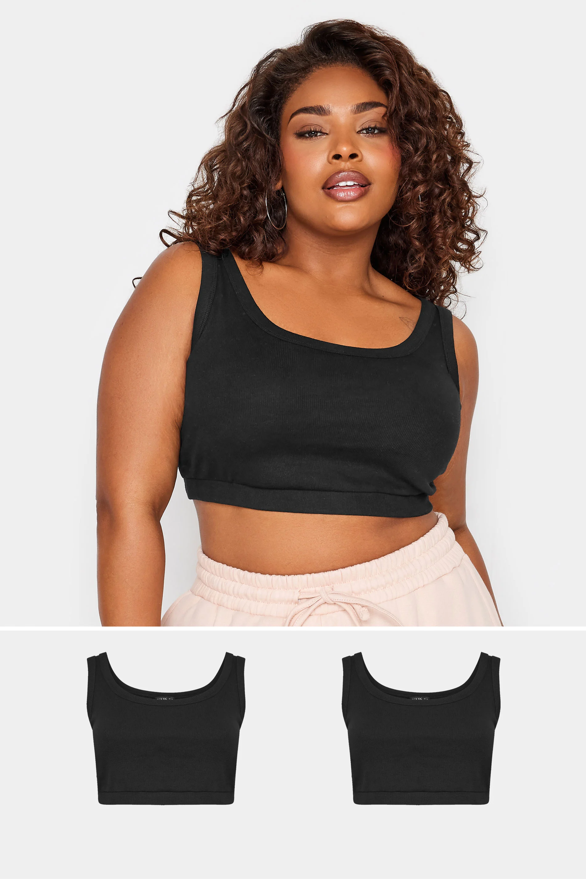 Yours YOURS Curve 2 PACK Black Ribbed Crop Tops