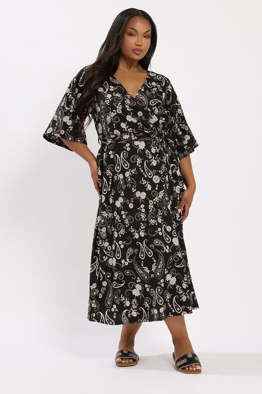 Yours YOURS Curve Black Paisley Kimono Sleeve Midaxi Wrap Dress