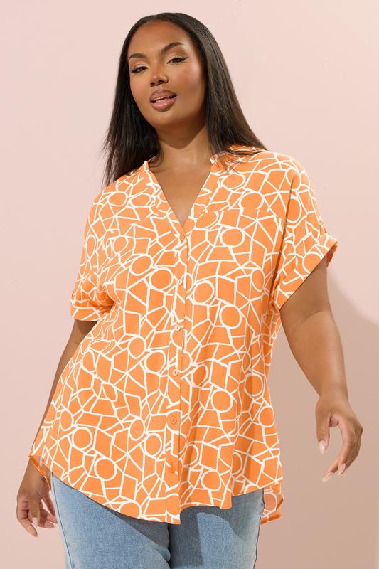 Yours YOURS Curve Orange Geometric V-Neck Blouse