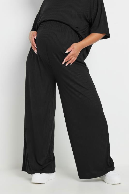 Bump It Up BUMP IT UP MATERNITY Curve Black Premium Ribbed Wide Leg Trousers