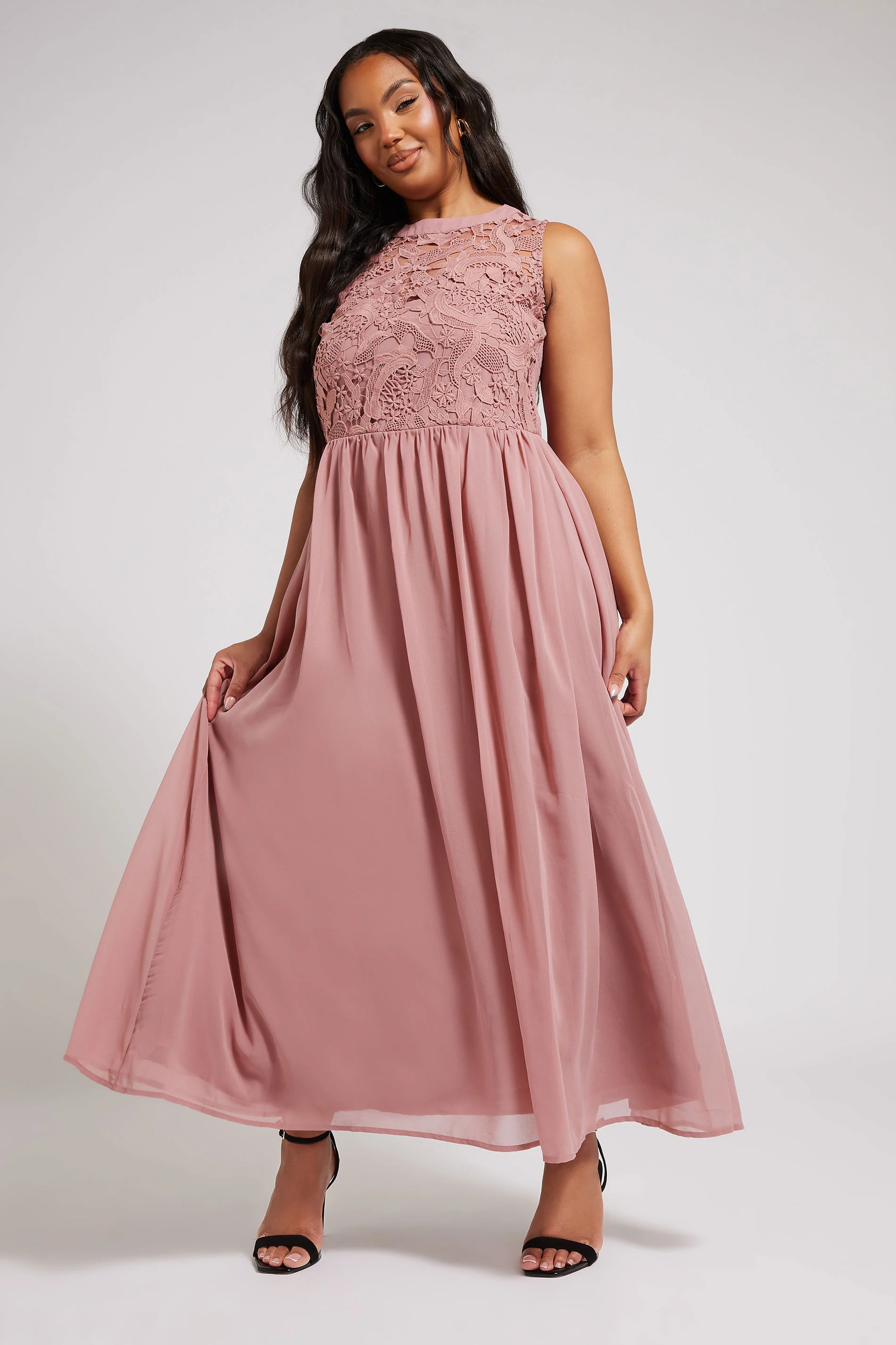 Yours London YOURS LONDON Curve Pink Lace Detail Chiffon Maxi Dress
