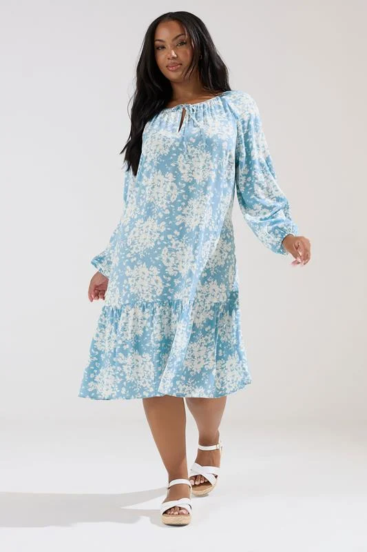 Yours YOURS Curve Light Blue Floral Tie Neck Tiered Midi Dress