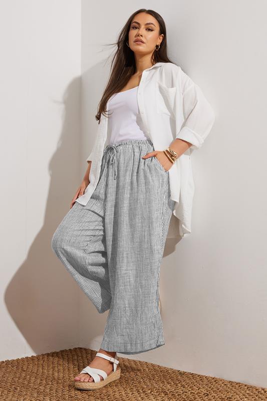 Yours YOURS Curve Blue Stripe Wide Leg Ankle Grazer Linen Trousers