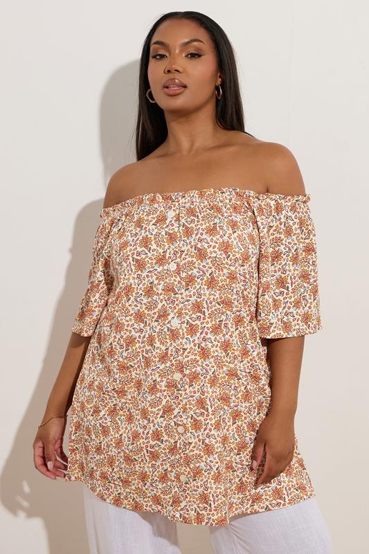Yours YOURS Curve Orange Textured Leaf Print Bardot Top