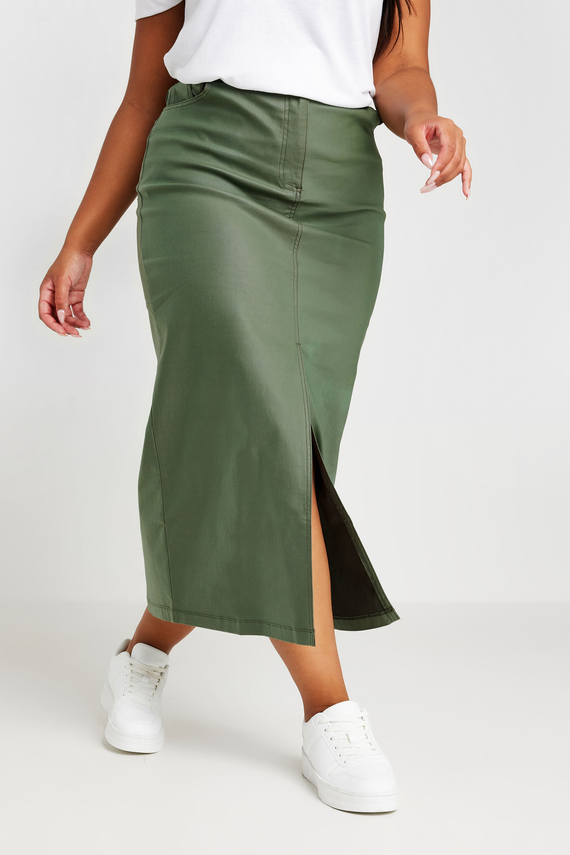 Yours YOURS Curve Khaki Green Coated Split Hem Midaxi Skirt