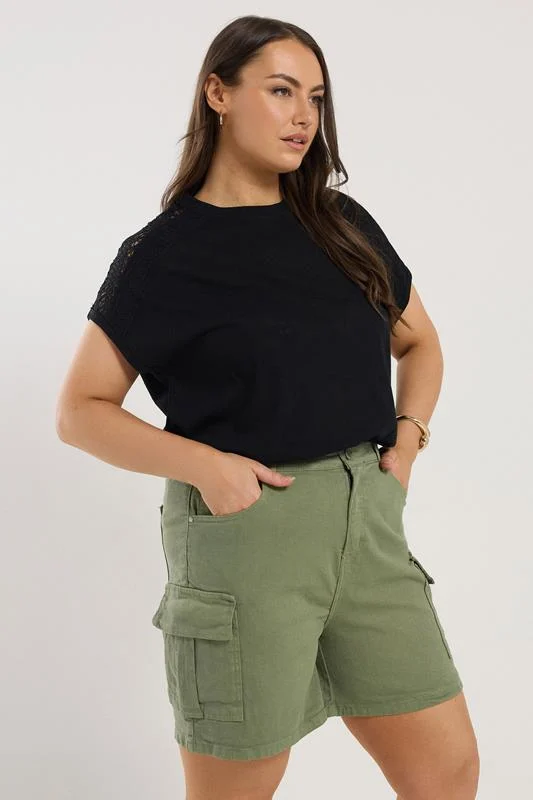 Yours YOURS Curve Khaki Green Stretch Denim Cargo Shorts