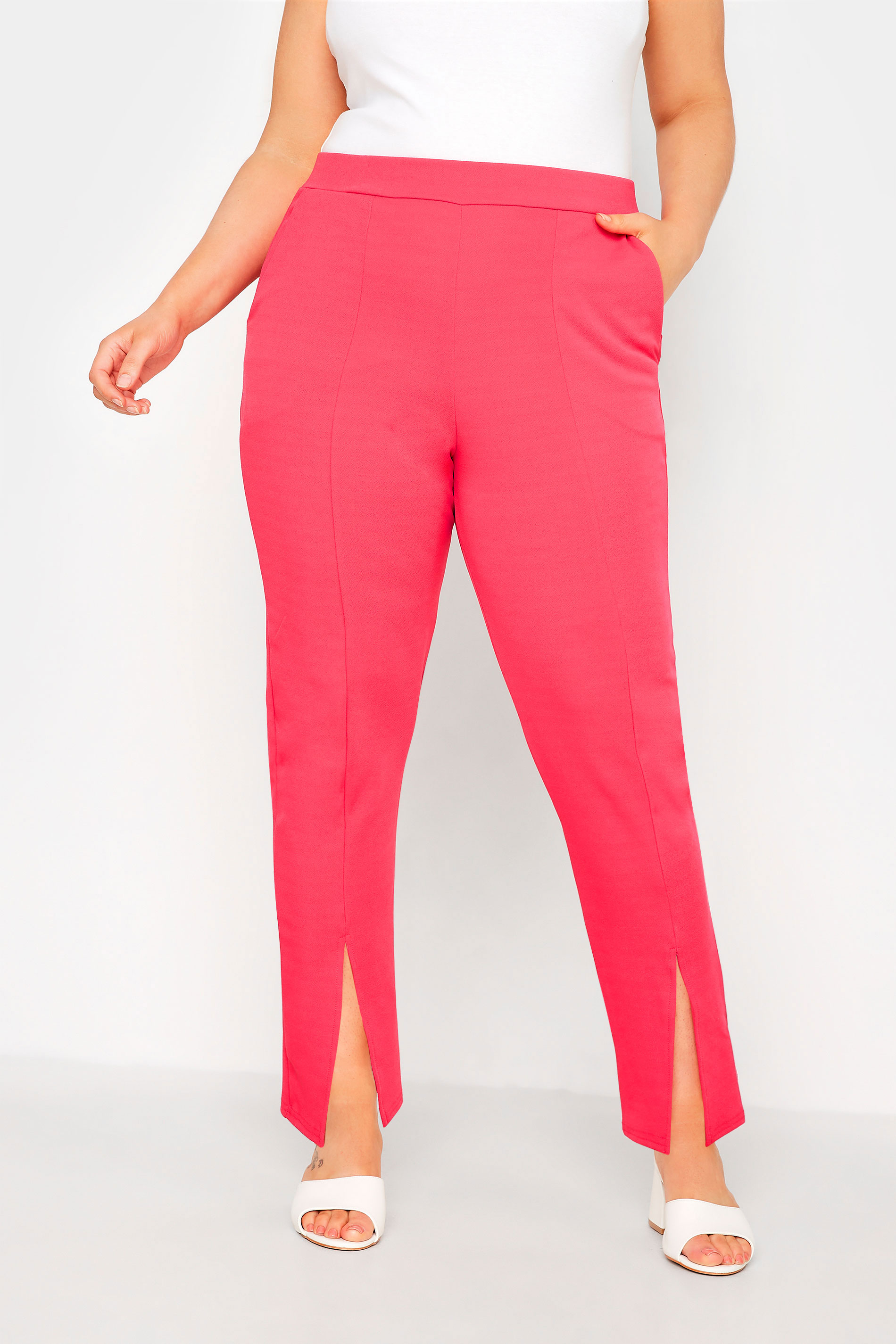 Yours YOURS Curve Hot Pink Split Hem Stretch Tapered Trousers