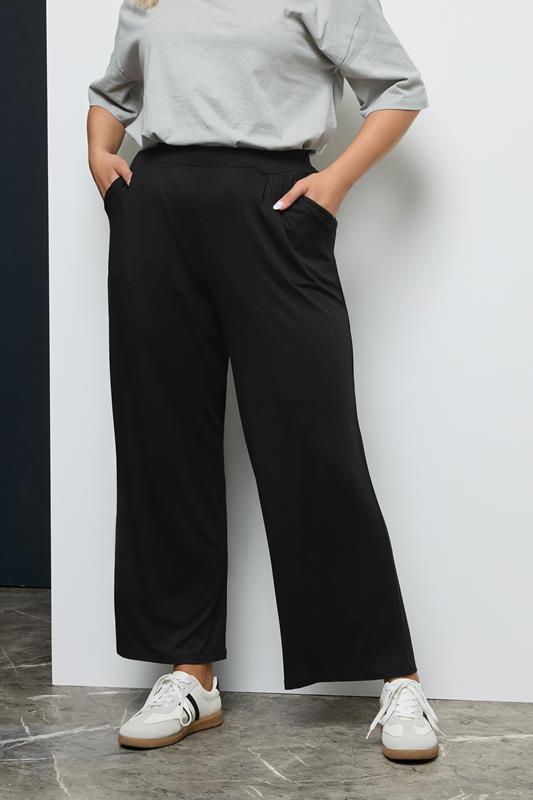 Yours YOURS Curve Black Pleated Wide Leg Stretch Trousers