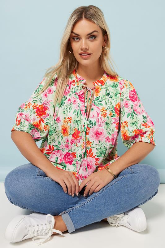 Yours YOURS Curve Green Floral Print Tie Neck Blouse