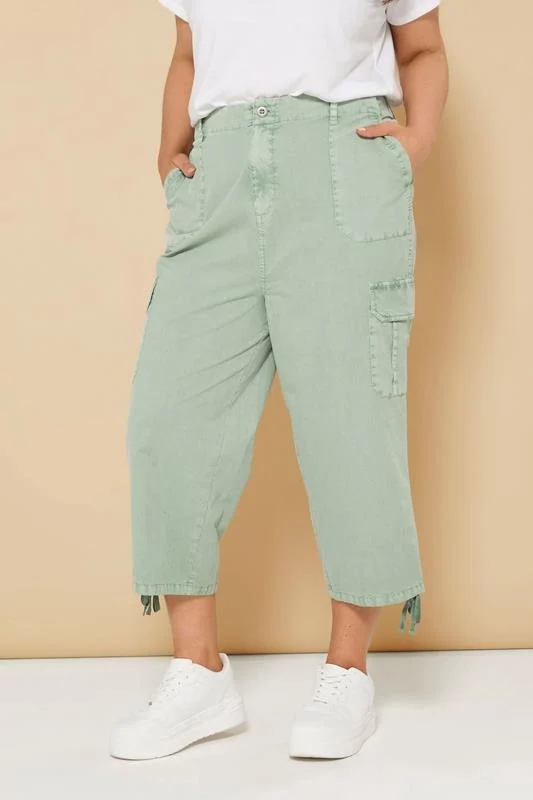 Yours YOURS Curve Sage Green Cotton Cropped Cargo Trousers