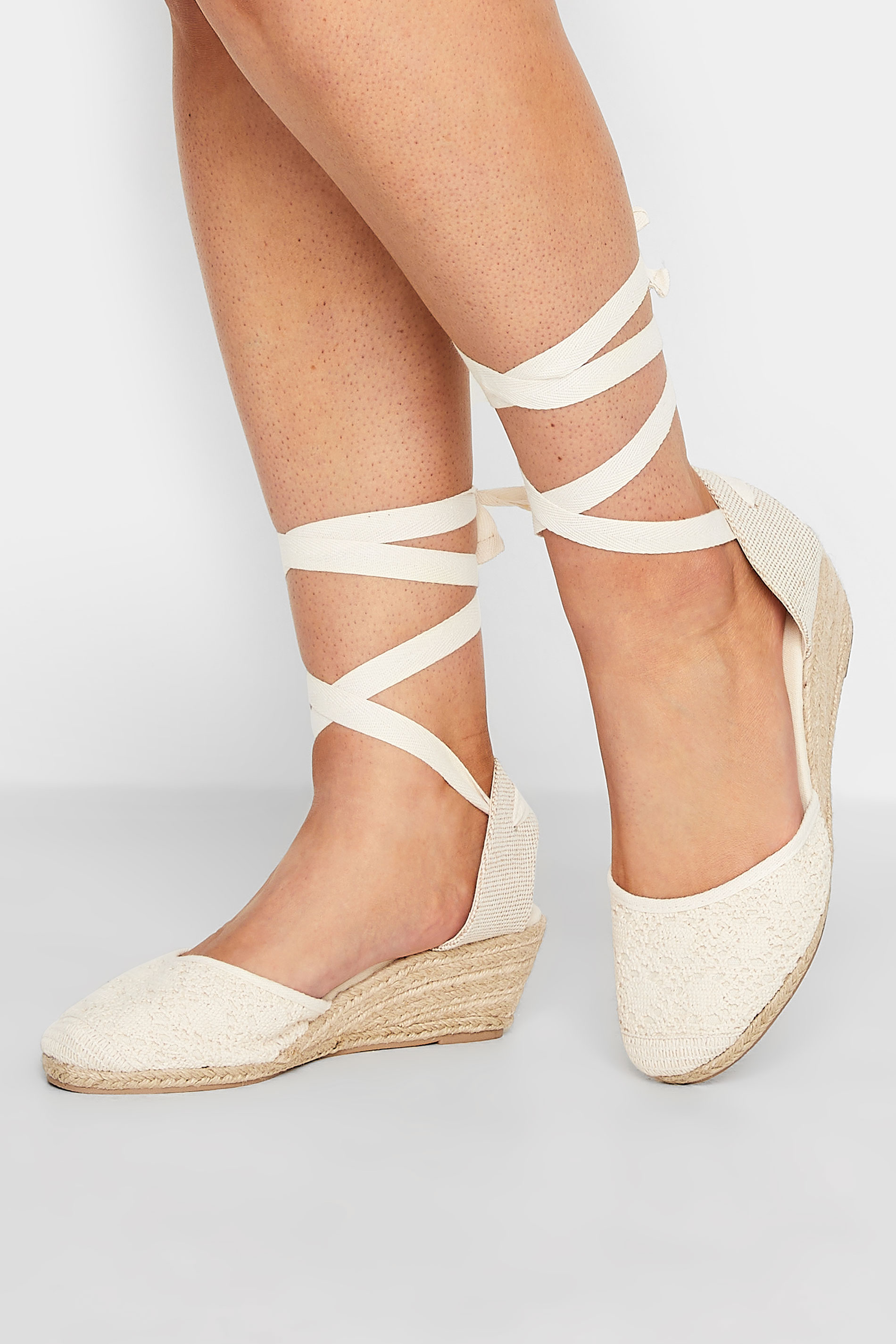 Yours White Crochet Lace Up Espadrille Wedges In Wide E Fit & Extra Wide EEE Fit