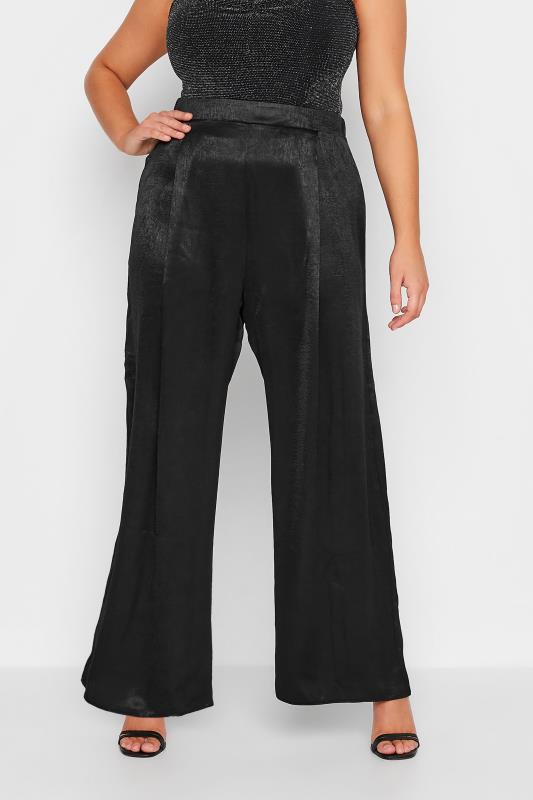 Yours YOURS Curve Black Satin Wide Leg Trousers