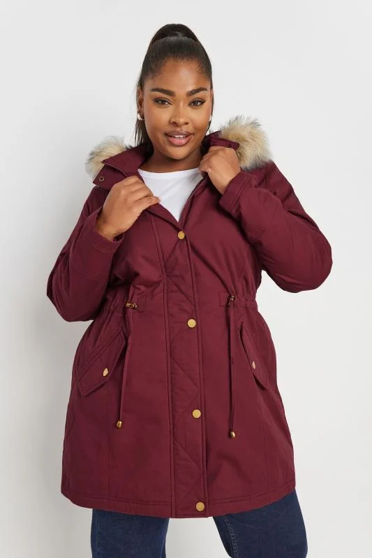 Yours YOURS Curve Burgundy Red Faux Fur Trim Parka Coat