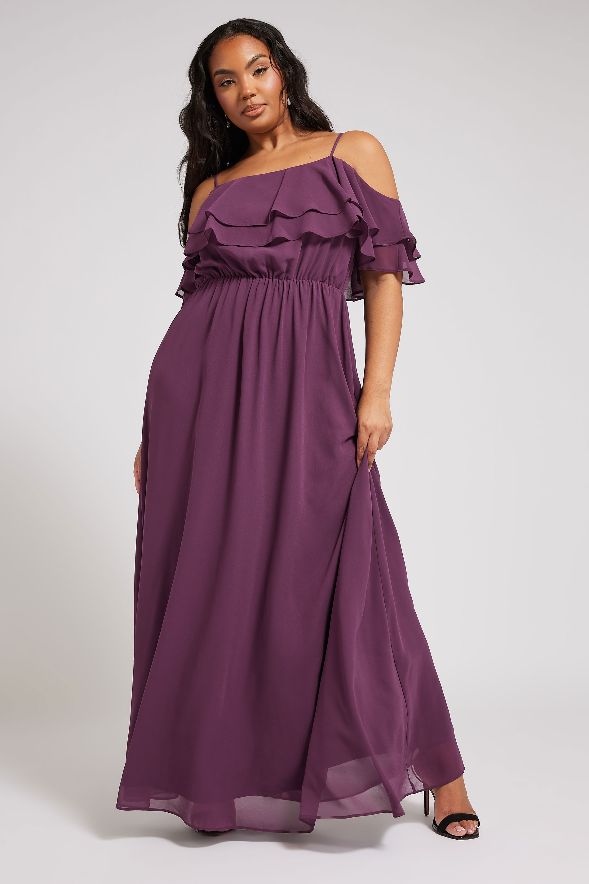 Yours London YOURS LONDON Curve Purple Frill Cold Shoulder Maxi Dress
