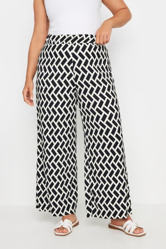 Yours YOURS Curve Black Geometric Print Textured Wide Leg Trousers