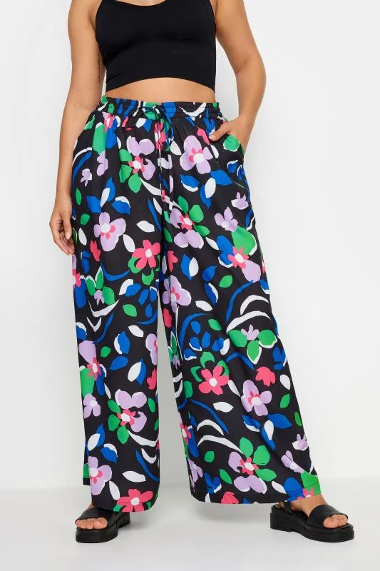 Yours YOURS Curve Black Floral Print Drawstring Wide Leg Trousers