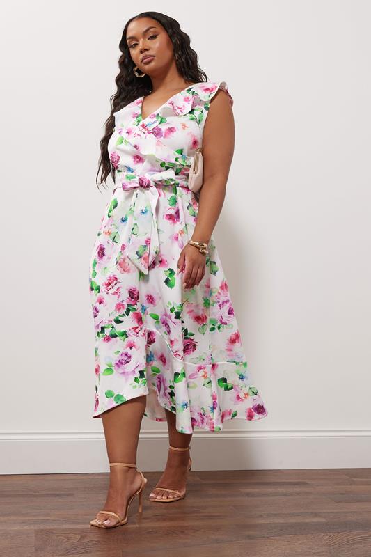 Yours London YOURS LONDON Curve White Floral Print Ruffle Wrap Dress