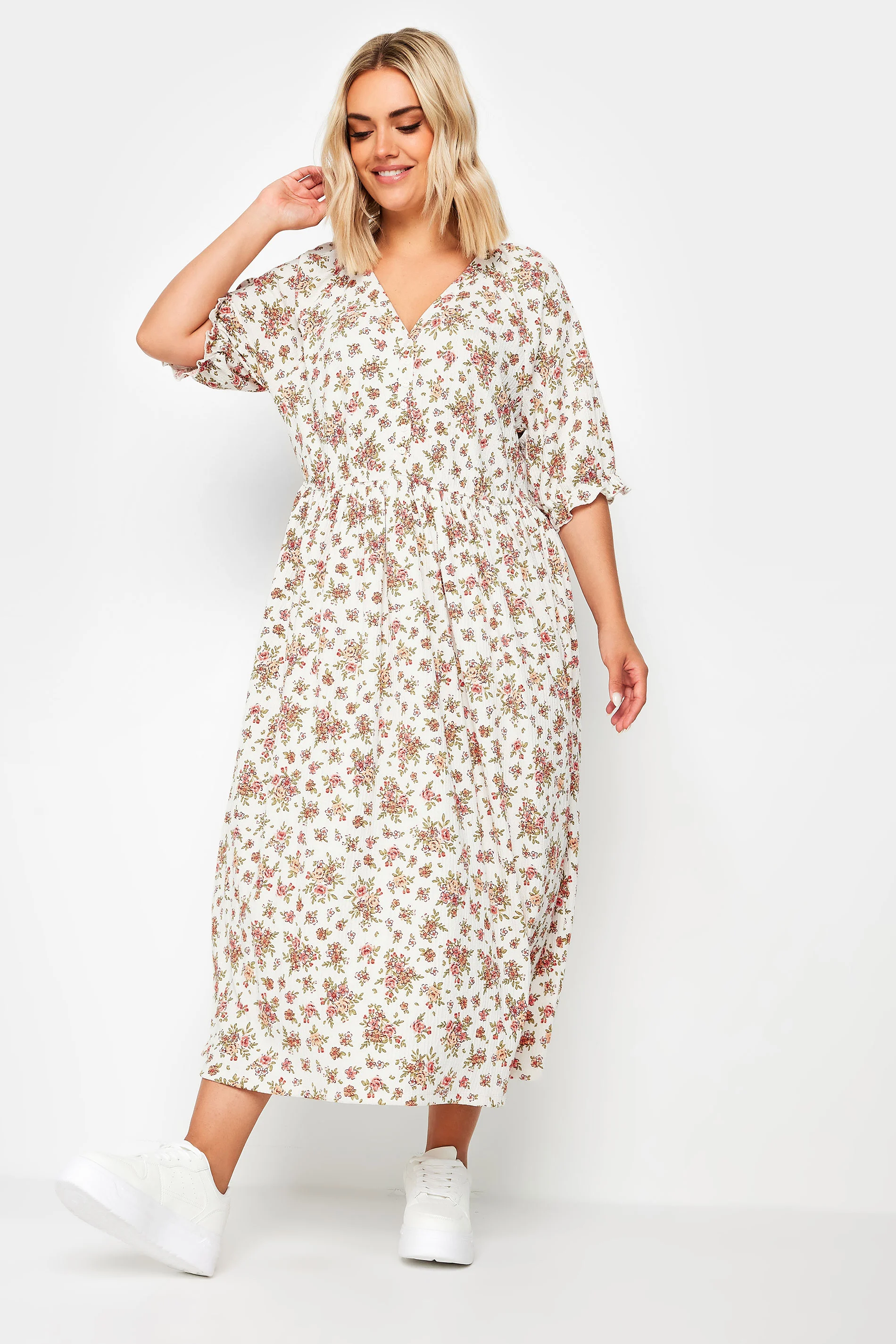 Yours Yours Curve White & Pink Vintage Floral Textured Midaxi Dress