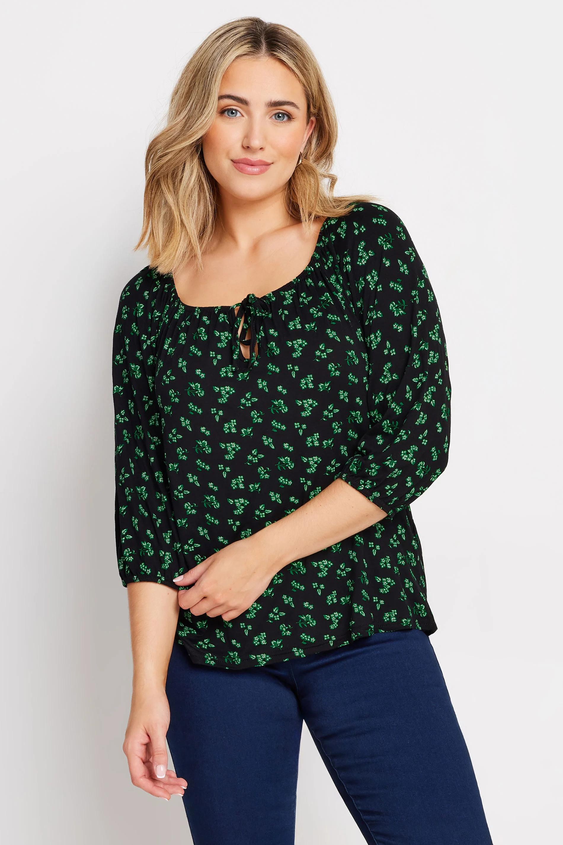 M&Co Womens M&Co Black & Green Ditsy Print Tie Neck Top