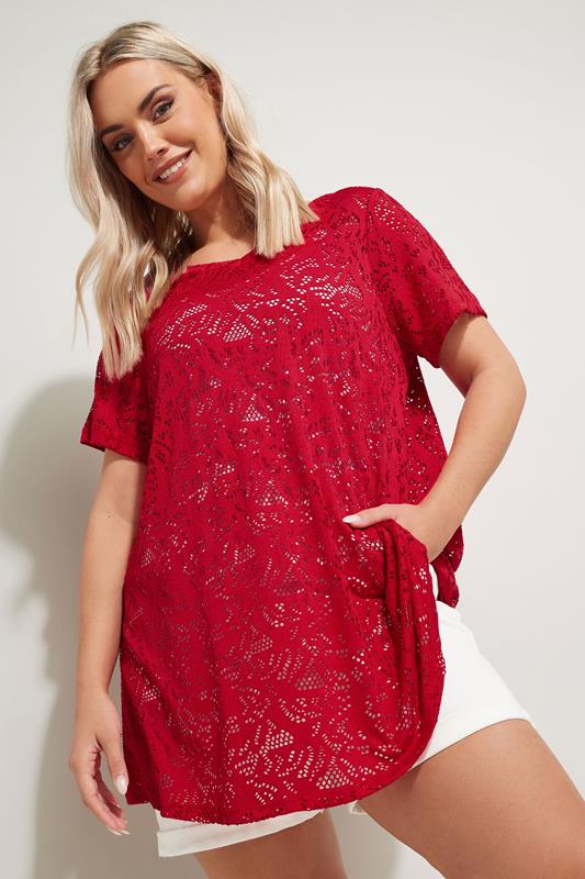 Yours YOURS Curve Red Broderie Anglaise Top