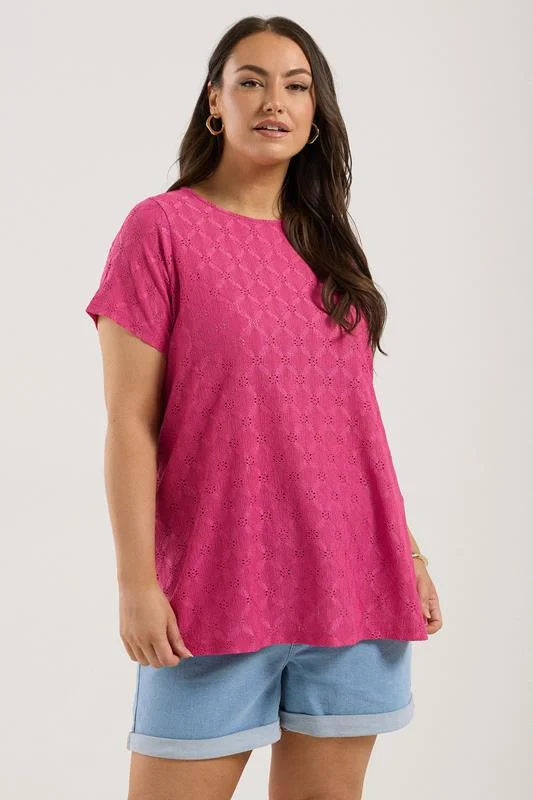 Yours YOURS Curve Pink Broderie Anglaise Textured Swing Top