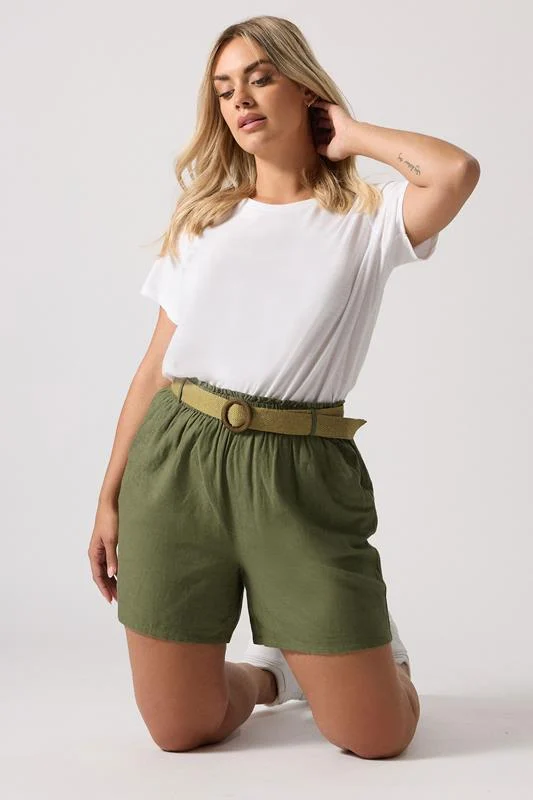 Yours YOURS Curve Khaki Green Belted Linen Shorts