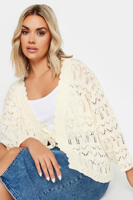Yours YOURS Curve Ivory White Crochet Tie Front Shrug